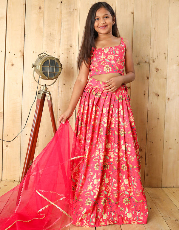 all season designer silk digital print with blouse heavy sequance work pink kids lehenga choli silk heavy soft net pink uf-yaana204 Front View